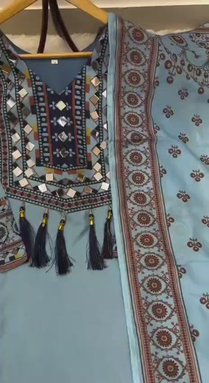 RE Maslin Silk Digital Printed Suit Set with Real Mirror Work and Palazzo (Sizes M-XXL)