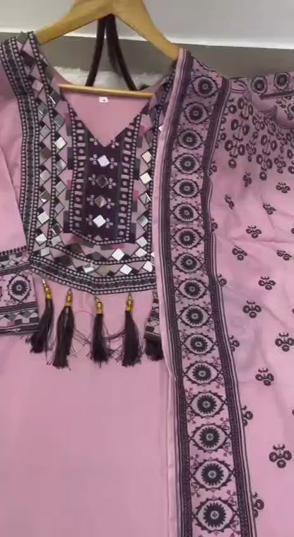 RE Maslin Silk Digital Printed Suit Set with Real Mirror Work and Palazzo (Sizes M-XXL)