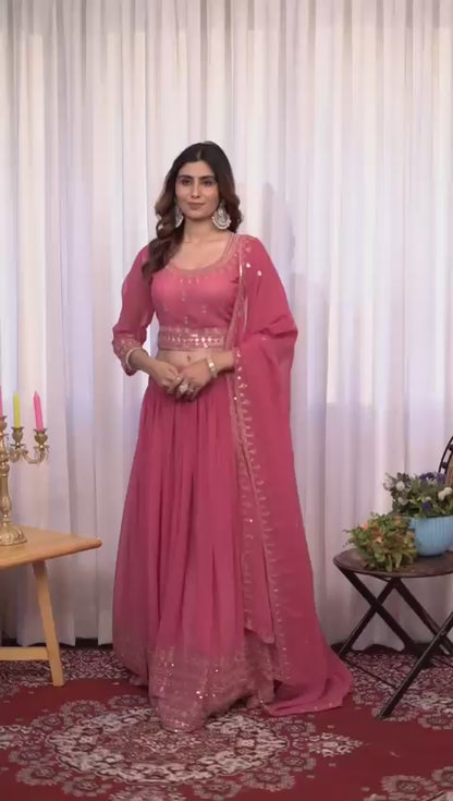 ES Elegant Pure Fox Georgette Pink Embroidered Lehenga Choli Set with Dupatta