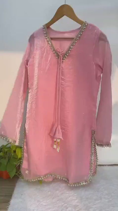 RE Premium Fendi Satin Designer Farsi Salwar Set with Real Mirror & Pearl Work