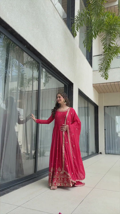 ES Designer Gown Chinnon Fabric With Embroidery, Zari & Sequin Work
