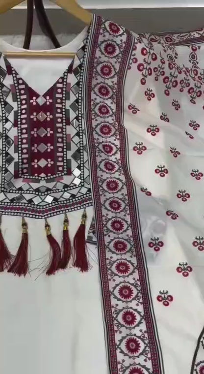 RE Maslin Silk Digital Printed Suit Set with Real Mirror Work and Palazzo (Sizes M-XXL)