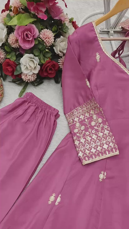 ES Premium Embroidered Pure Natural Crepe Gown Set with Pant & Dupatta