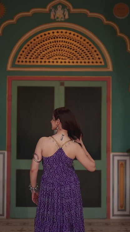 ES Bandhani Printed Sleeveless Gown with kutchi patchework in Faux Georgette.