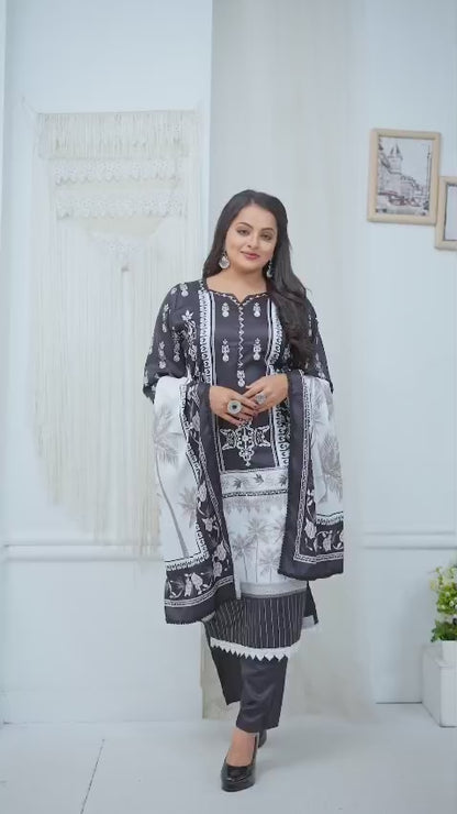 ICF Women's Silk Blend Black & White Printed & Embroidered Kurti with Pant & Dupatta Set
