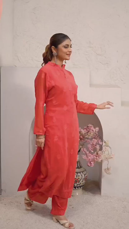 MV Embroidered Fox Georgette Kurti with Heavy Muslin Pants | Stitched Inner Kurta Set