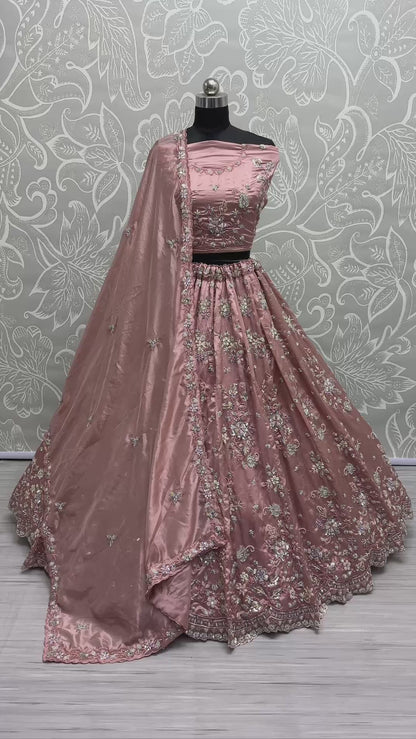 ES Gold Crush Pure Fabric Lehenga with Motif & Crystal Pipe Handwork