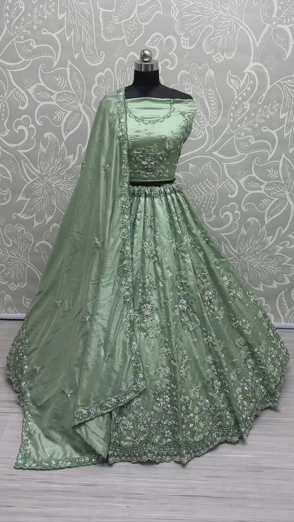 ES Gold Crush Pure Fabric Lehenga with Motif & Crystal Pipe Handwork