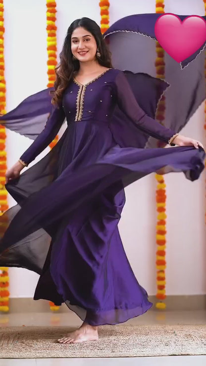 ES Elegant Hand-Embroidered Rangoli Silk Gown with Dupatta