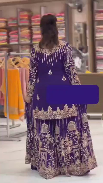 RE Zari & Sequin Work Georgette Kurti Set with 2.5m Flare Palazzo (M-3XL)