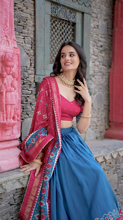 ES Tussar Silk (Stitched) Lehenga, Blouse & Dupatta
