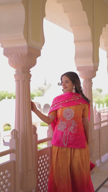 ES Elegant Chinnon Sharara Suit Set with Embroidered Kurti & Zari Work Dupatta