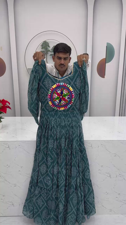 ES Bandhani Print Mirror Work Gown – Fully Stitched Ethnic Wear