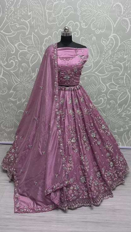 ES Gold Crush Pure Fabric Lehenga with Motif & Crystal Pipe Handwork