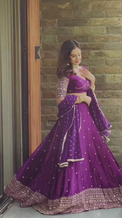 ES Satin silk Lehenga Choli & Dupatta with Thread with Sequins