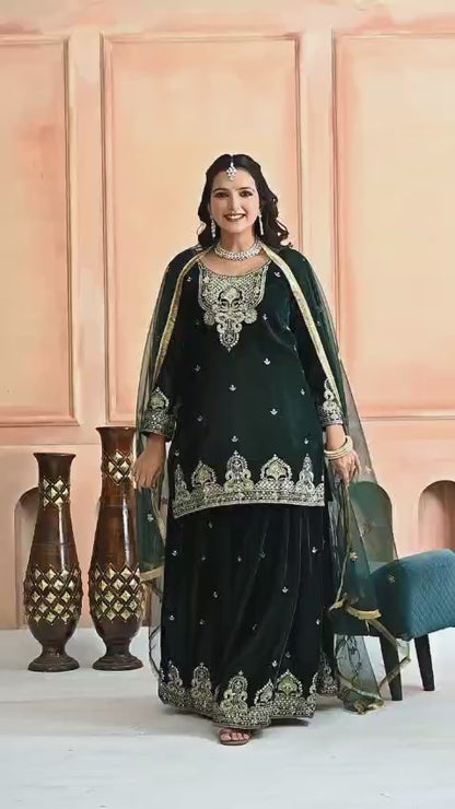 RE Pure Heavy Viscous Velvet Embroidered Sharara Palazzo Suit Set with Butterfly Net Dupatta (Sizes M-XXL)
