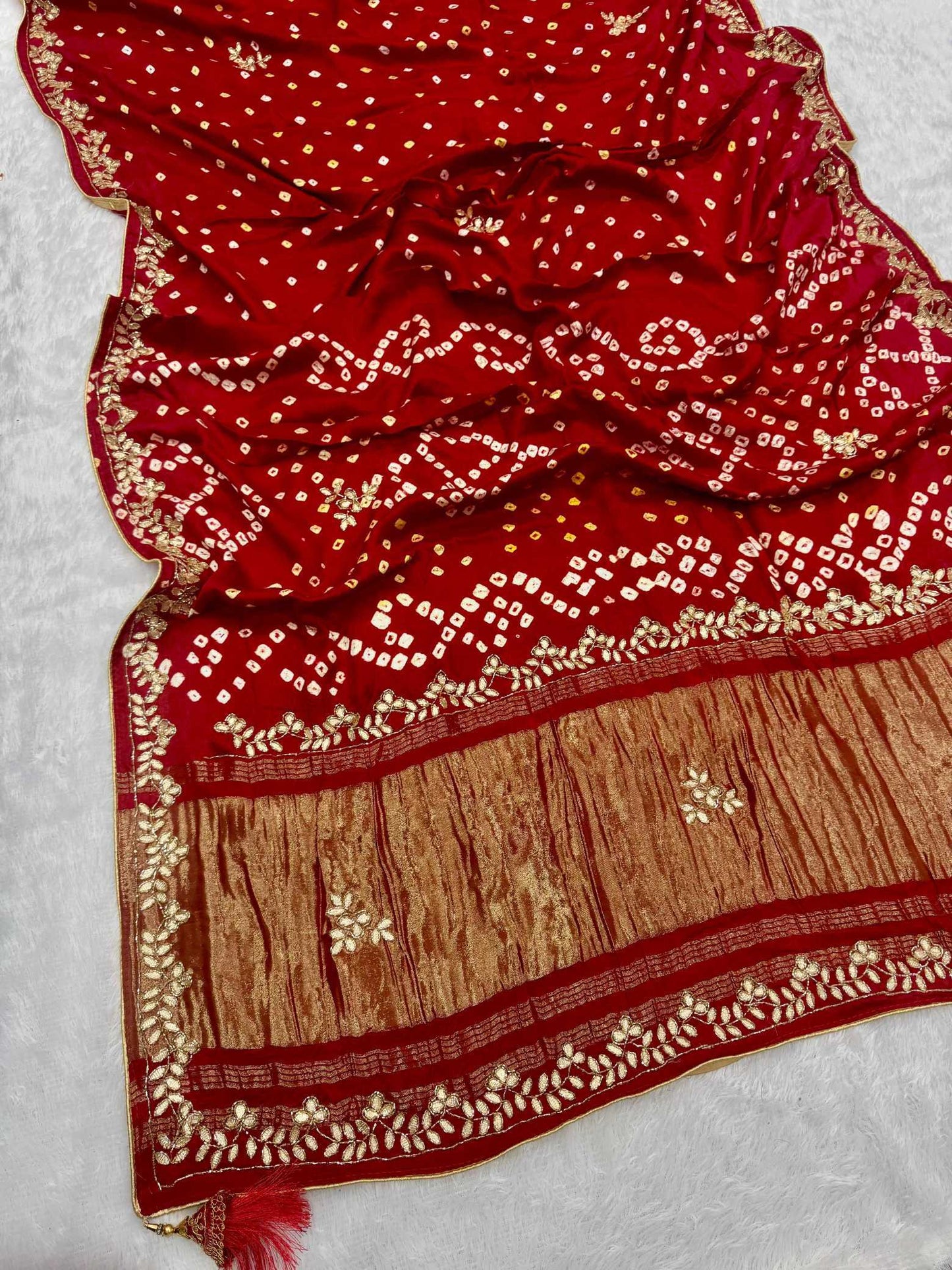 YNF Pure Model Gaji Silk Bandhej Saree with Original Lagadi Patta & Hand Work