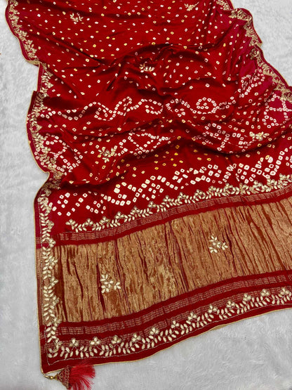 YNF Pure Model Gaji Silk Bandhej Saree with Original Lagadi Patta & Hand Work
