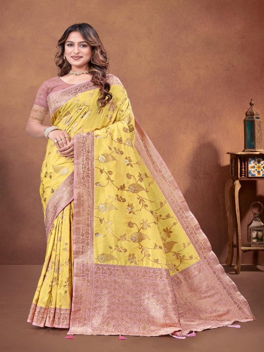 ShinySelect Partywear Women Rapier Silk Sarees - Variant E Yellow