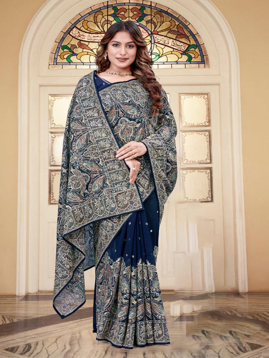 ShinySelect Partywear Women Georgette Sarees - Variant A Navy Blue