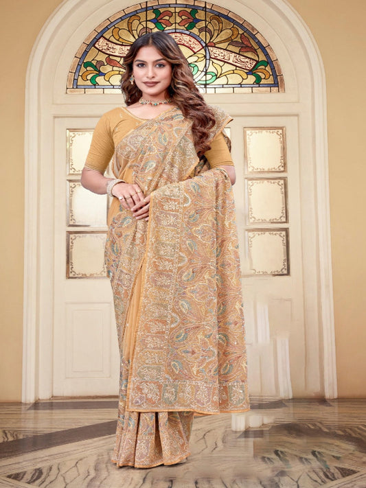 ShinySelect Partywear Women Georgette Sarees - Variant A Peach N