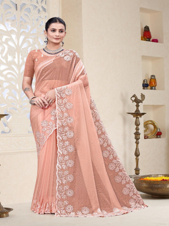 ShinySelect Partywear Women Crystal Sarees - Variant B Light Orange