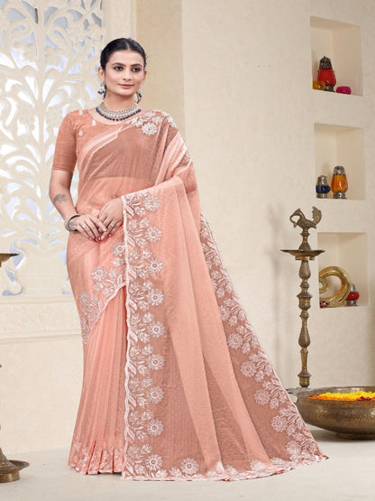 ShinySelect Partywear Women Crystal Sarees - Variant B Light Orange
