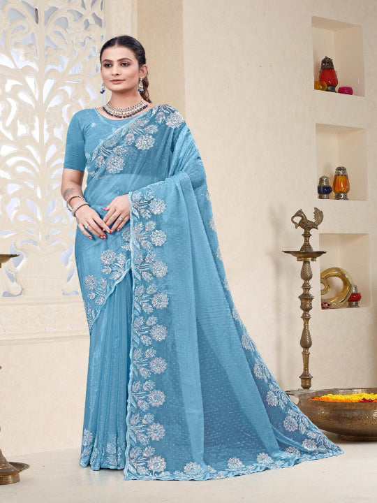 ShinySelect Partywear Women Crystal Sarees - Variant B sky