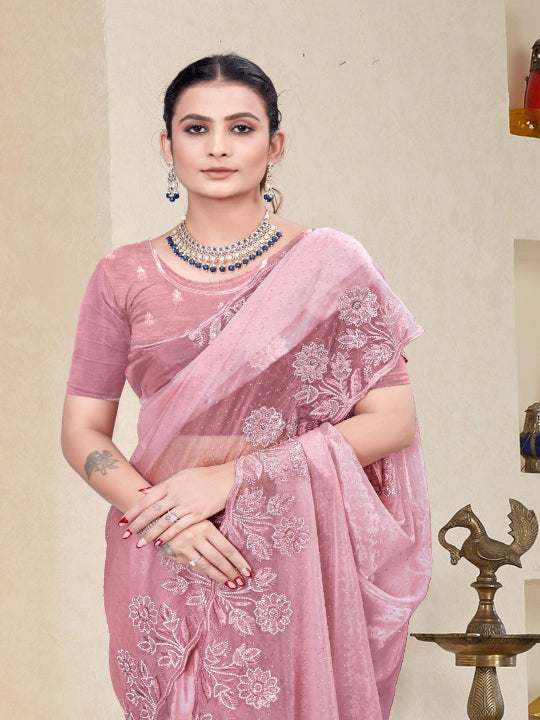 ShinySelect Partywear Women Crystal Sarees - Variant B Peach