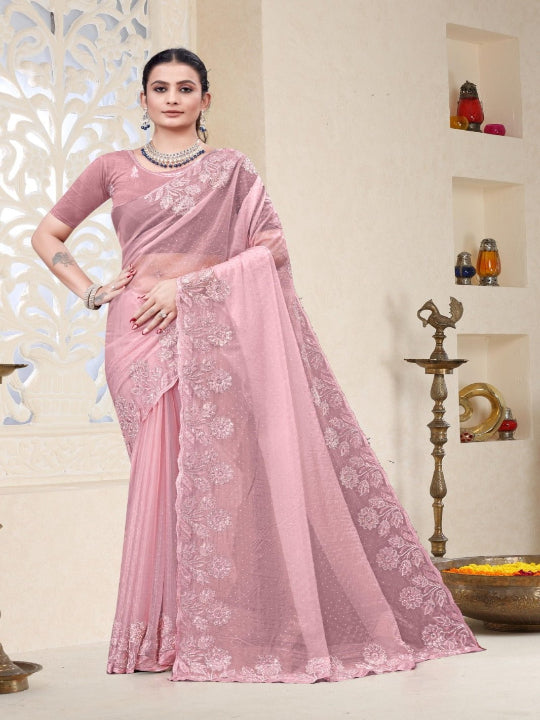 ShinySelect Partywear Women Crystal Sarees - Variant B Light Pink