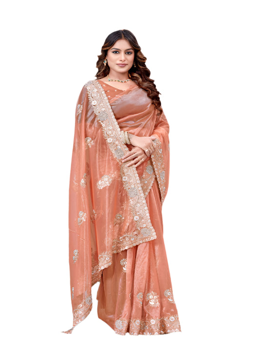 ShinySelect Partywear Women Crystal Sarees - Variant C Light Orange