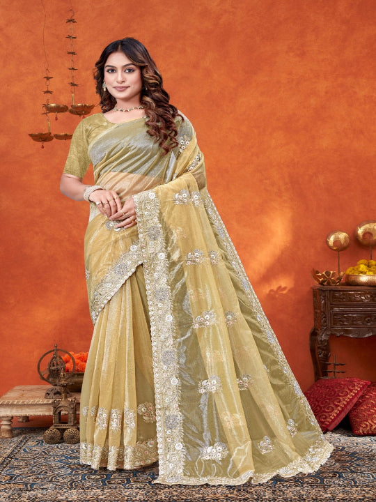 ShinySelect Partywear Women Crystal Sarees - Variant C Gold
