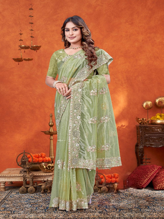 ShinySelect Partywear Women Crystal Sarees - Variant C pista