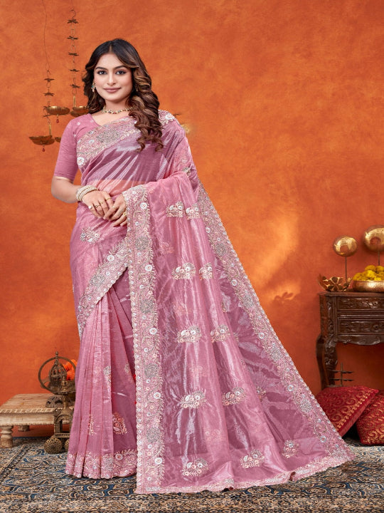 ShinySelect Partywear Women Crystal Sarees - Variant C Pink