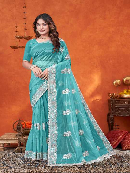 ShinySelect Partywear Women Crystal Sarees - Variant C Light Green