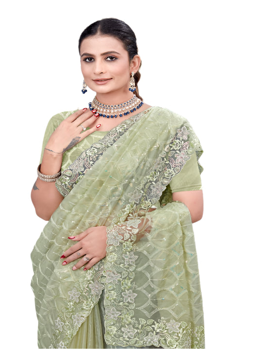 ShinySelect Partywear Women Crystal Sarees - Variant D pista