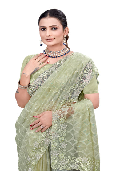 ShinySelect Partywear Women Crystal Sarees - Variant D pista