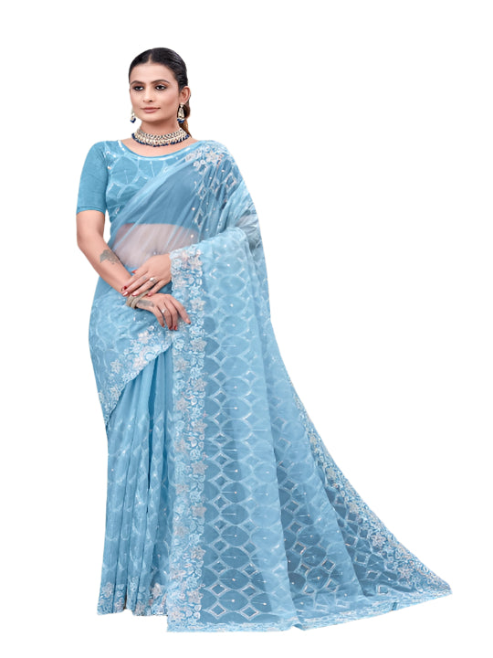 ShinySelect Partywear Women Crystal Sarees - Variant D sky