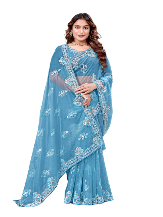 ShinySelect Partywear Women Crystal Sarees - Variant E Light Blue