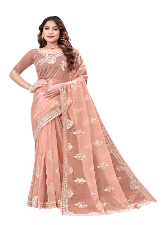 ShinySelect Partywear Women Crystal Sarees - Variant E Light Orange