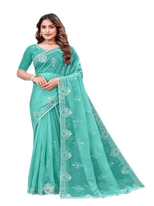 ShinySelect Partywear Women Crystal Sarees - Variant E Light Green
