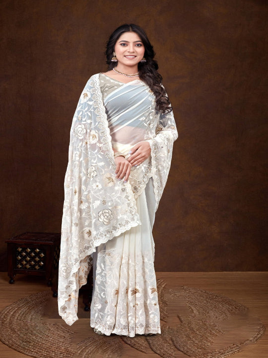 ShinySelect Partywear Women Georgette Sarees - Variant B Cream