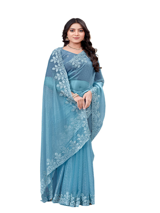 ShinySelect Partywear Women Crystal Sarees - Variant F Light Blue
