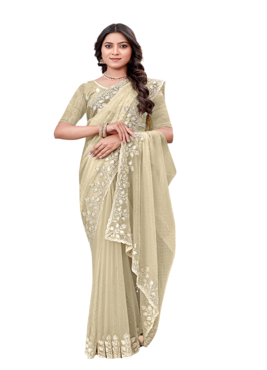 ShinySelect Partywear Women Crystal Sarees - Variant F Cream
