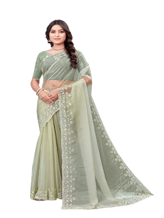 ShinySelect Partywear Women Crystal Sarees - Variant F Light Green