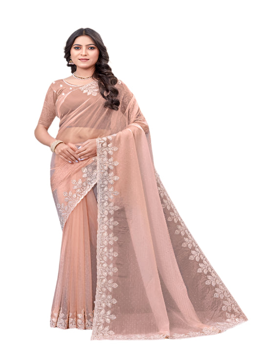 ShinySelect Partywear Women Crystal Sarees - Variant F Light Orange