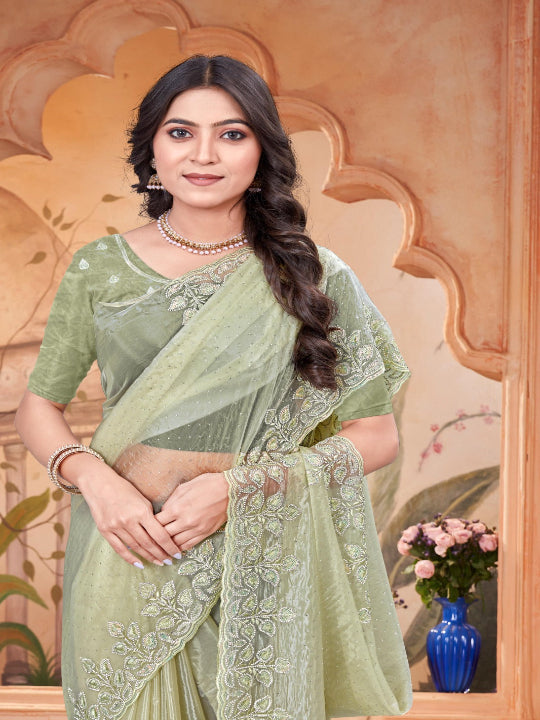 ShinySelect Partywear Women Crystal Sarees - Variant F pista