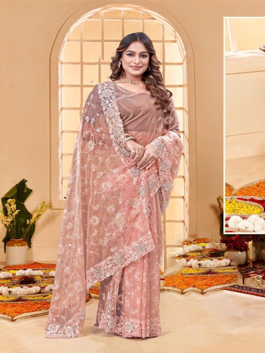 ShinySelect Partywear Women Crystal Sarees - Variant G Light Orange