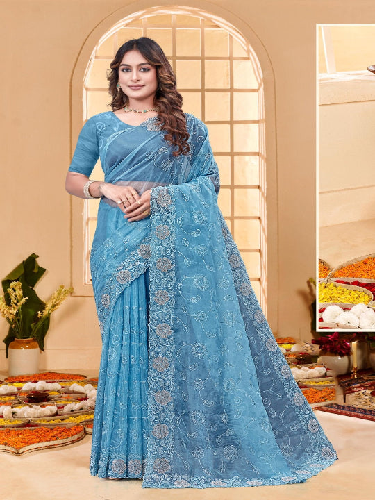 ShinySelect Partywear Women Crystal Sarees - Variant G Blue