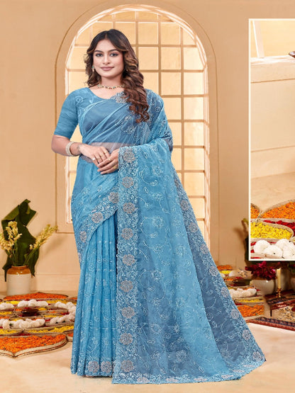 ShinySelect Partywear Women Crystal Sarees - Variant G Blue
